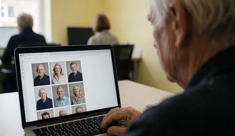 A senior customer reviews a gallery of portraits on a laptop in a photographer's office with pale yellow walls.
