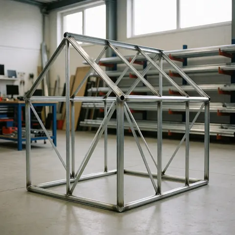 Galvanized metal greenhouse frame with welded joints on concrete floor in industrial workshop with natural lighting