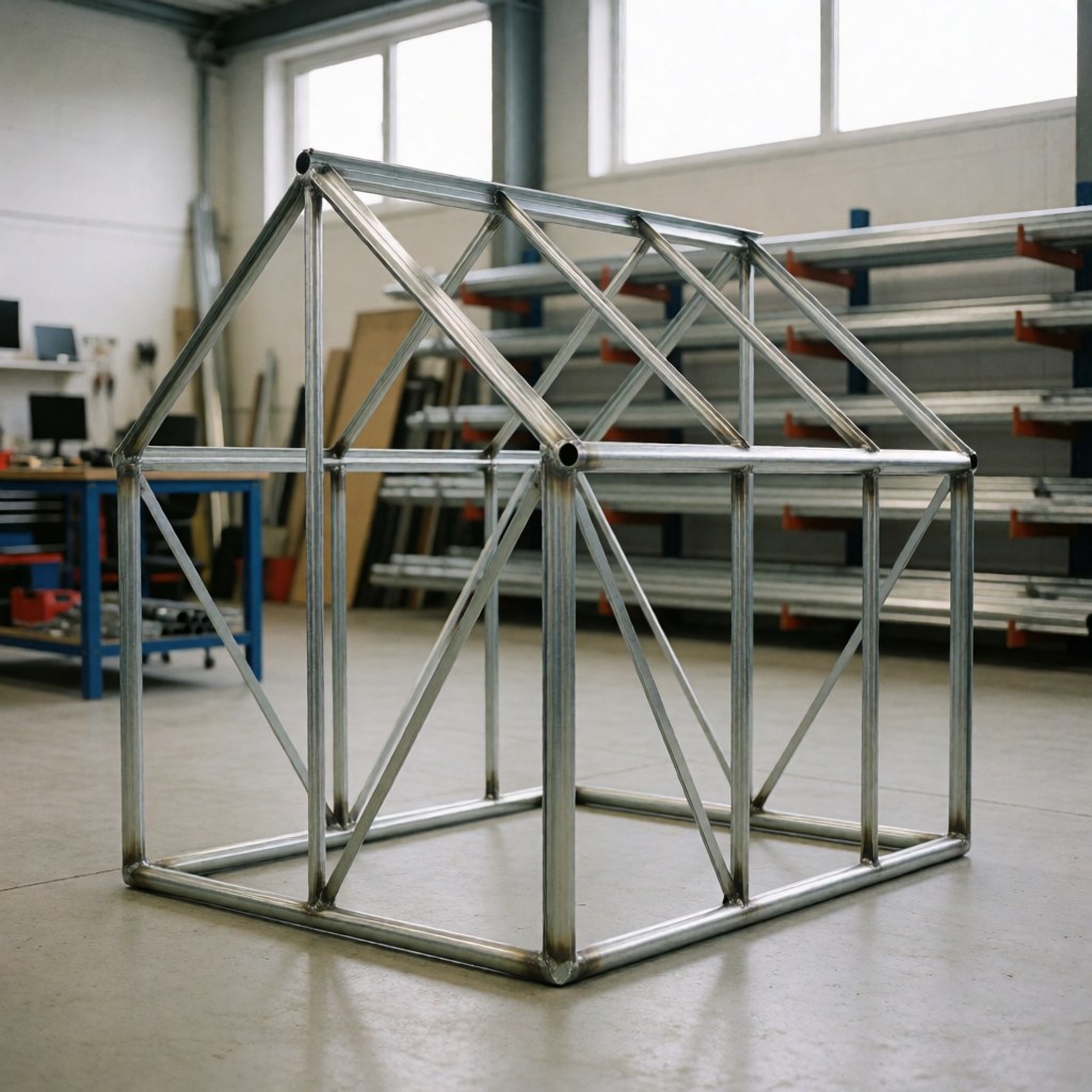 Galvanized metal greenhouse frame with welded joints on concrete floor in industrial workshop with natural lighting