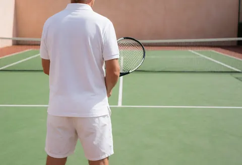 Back view of a tennis instructor holding a racket on a green court with terracotta walls, suitable for promoting tennis lessons.