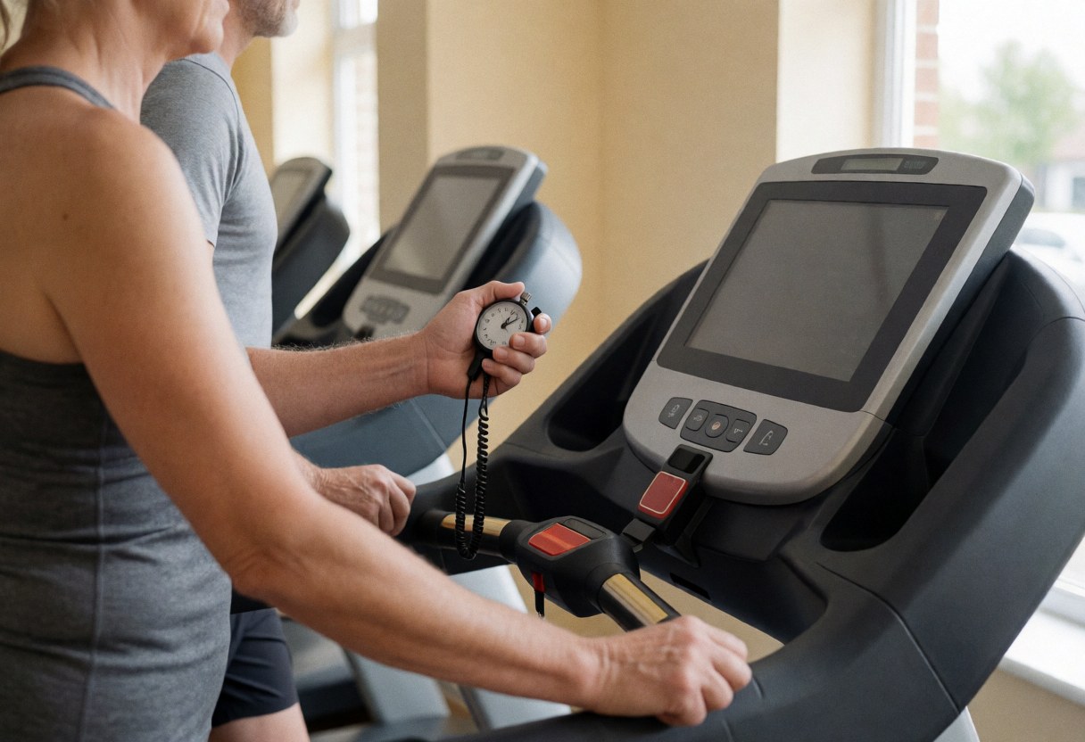 Coach timing a client on a treadmill in a modern gym with beige walls and equipment