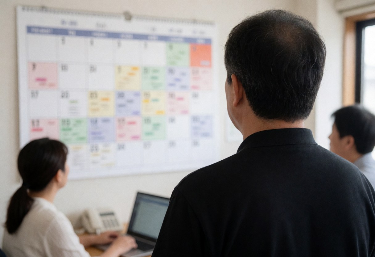 Cycling coach reviewing a color-coded calendar in a modern office with a laptop and phone in the background