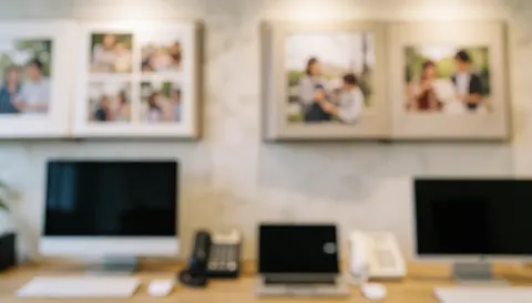 Open photo albums mounted on a marble wall above a wooden desk with computers and phones, creating a professional studio background.