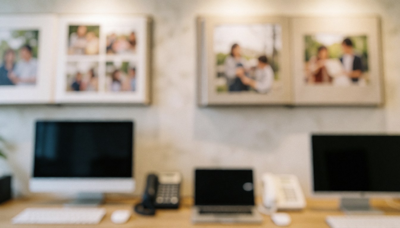 Open photo albums mounted on a marble wall above a wooden desk with computers and phones, creating a professional studio background.