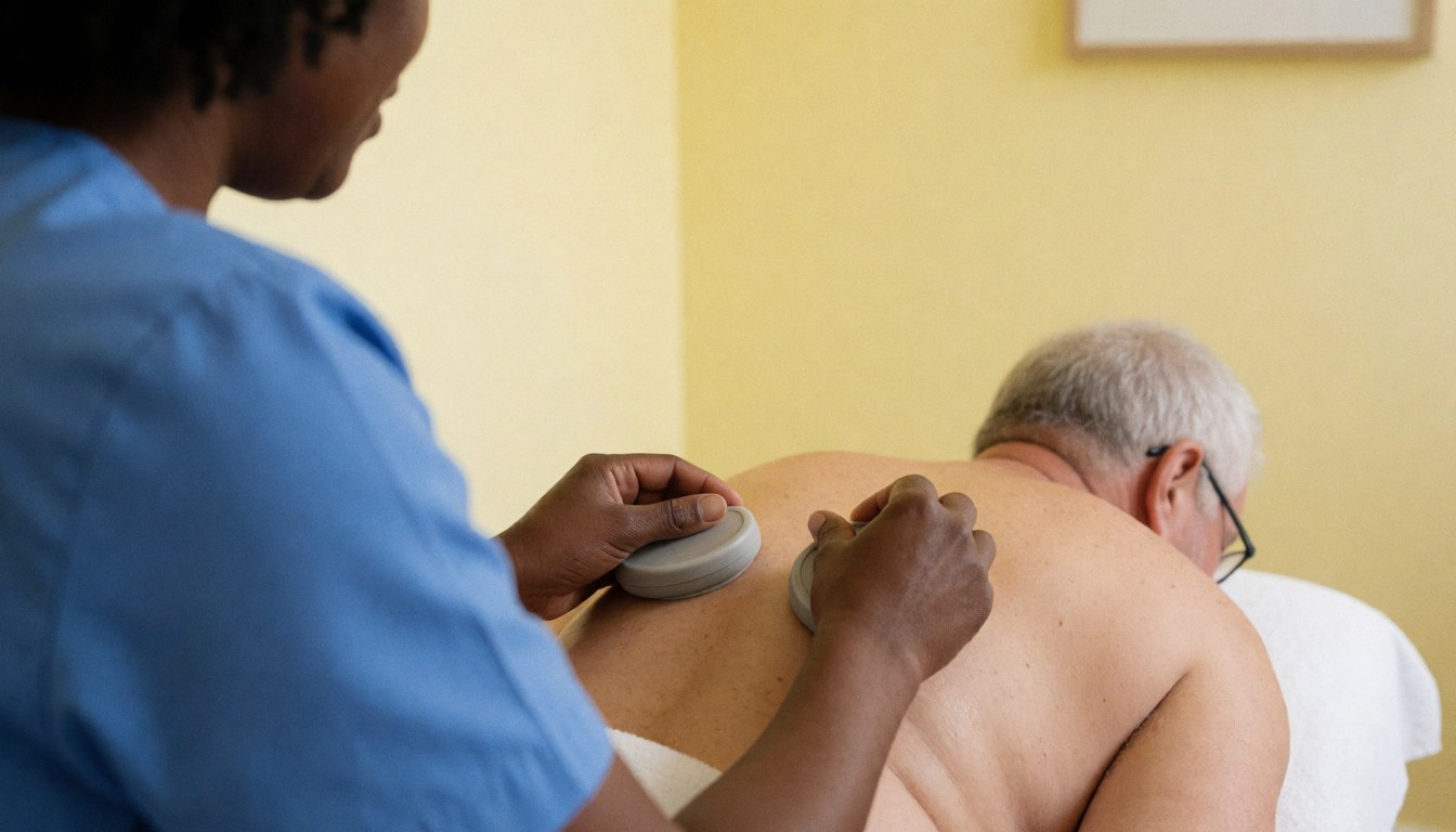 Therapist places silicone cupping devices on a client's back in a yellow room, demonstrating a professional relaxation therapy session.