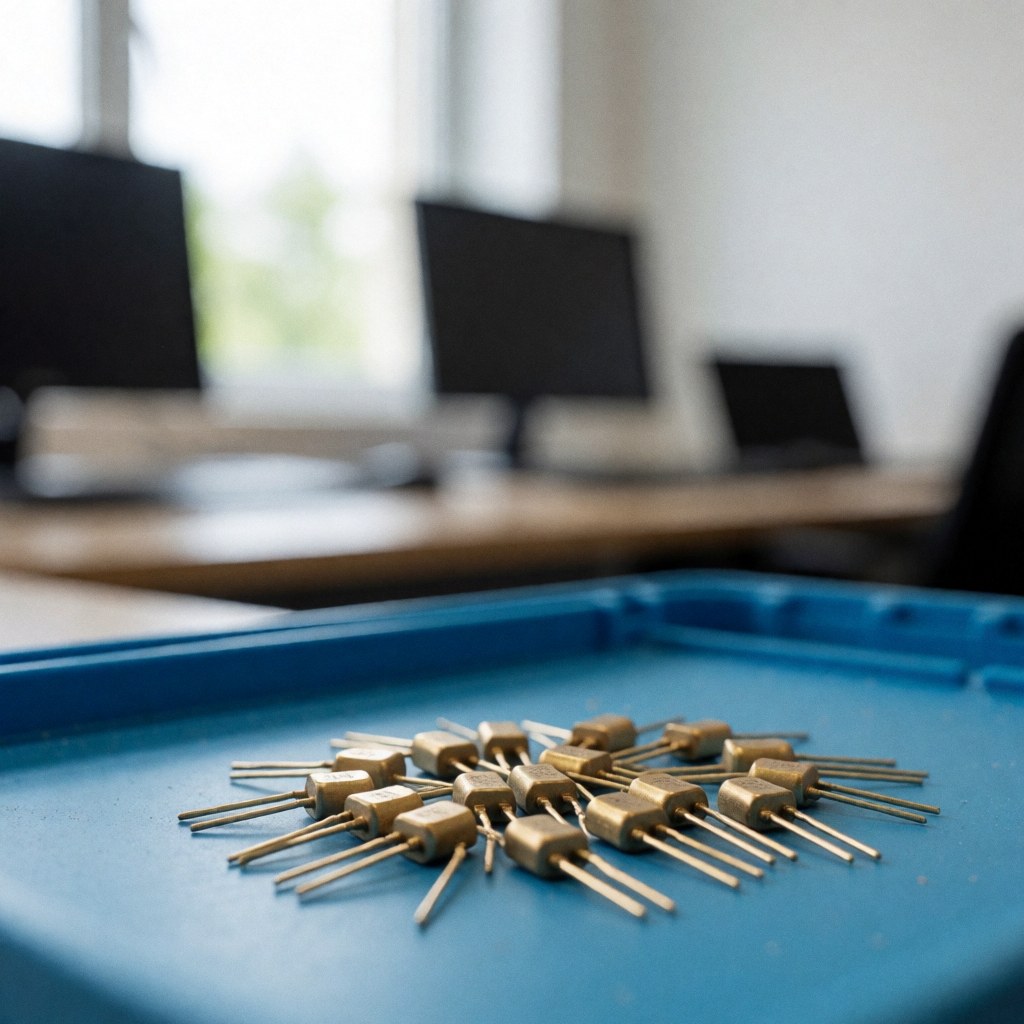 Close-up of golden surface-mount device resistors arranged on a blue anti-static tray in an electronics repair workshop with natural lighting.