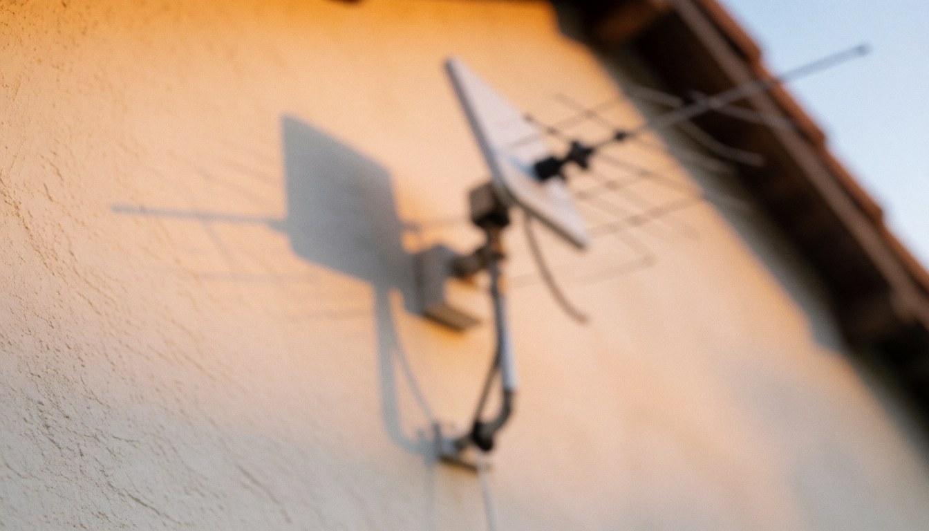 Television antenna mounted on an orange stucco wall with a blurred background suitable for text overlay