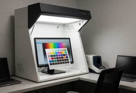 Professional color testing station with interior light and monitor showing a color palette in a print shop with gray walls.