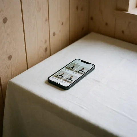 Smartphone displaying a yoga application resting on a white tablecloth with light wood walls in the background