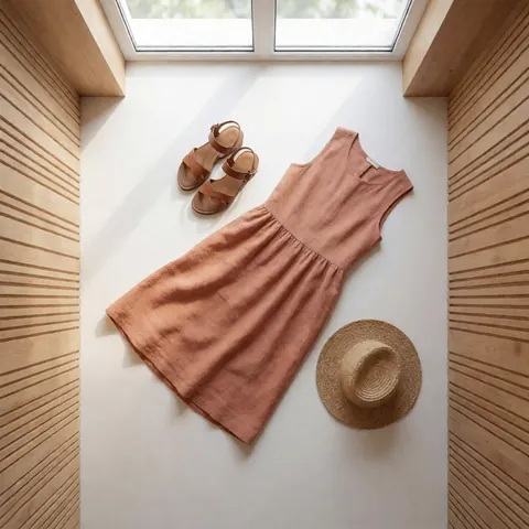 Terracotta linen dress, leather sandals, and straw hat on a white floor with light wood walls, ideal for a fashion catalog