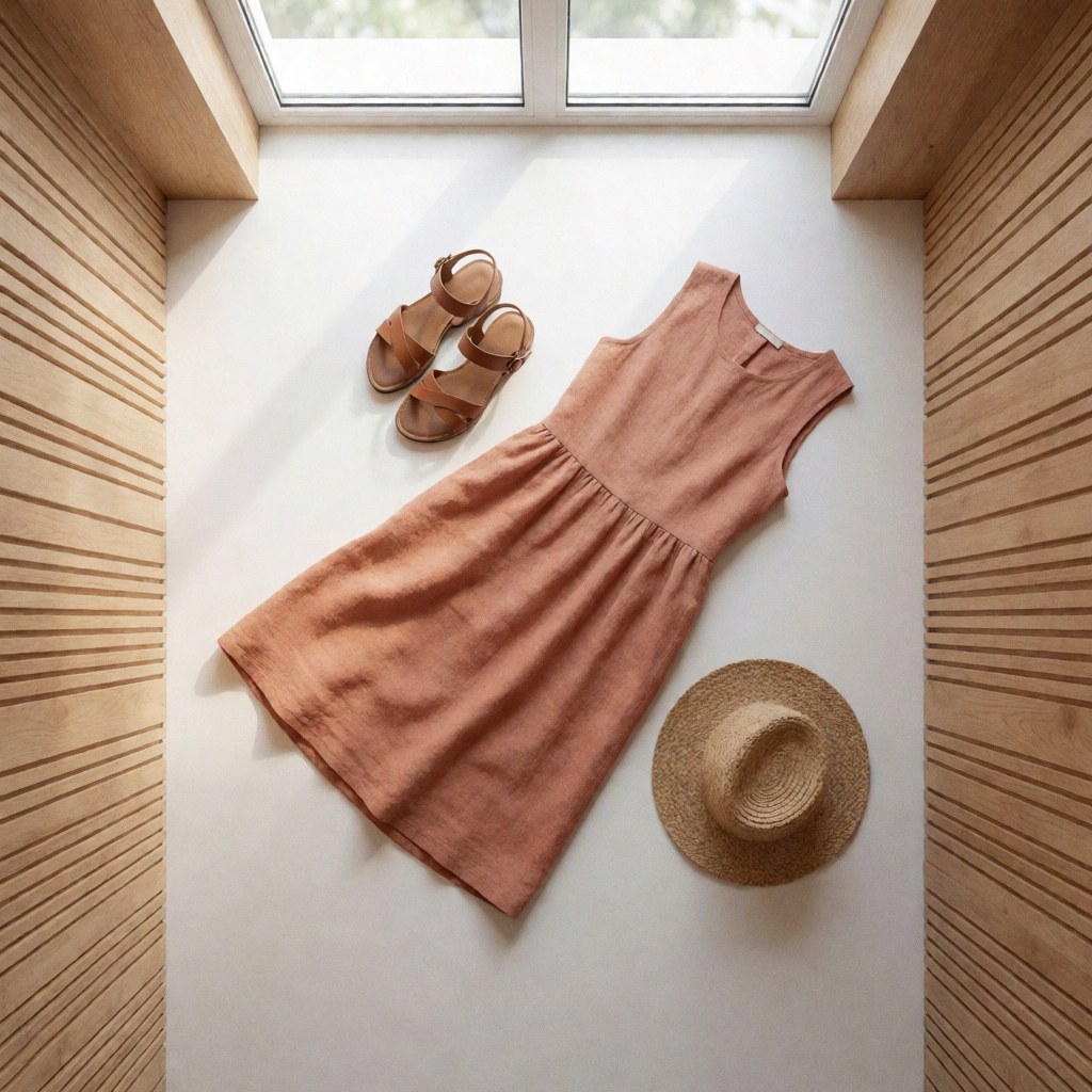 Terracotta linen dress, leather sandals, and straw hat on a white floor with light wood walls, ideal for a fashion catalog
