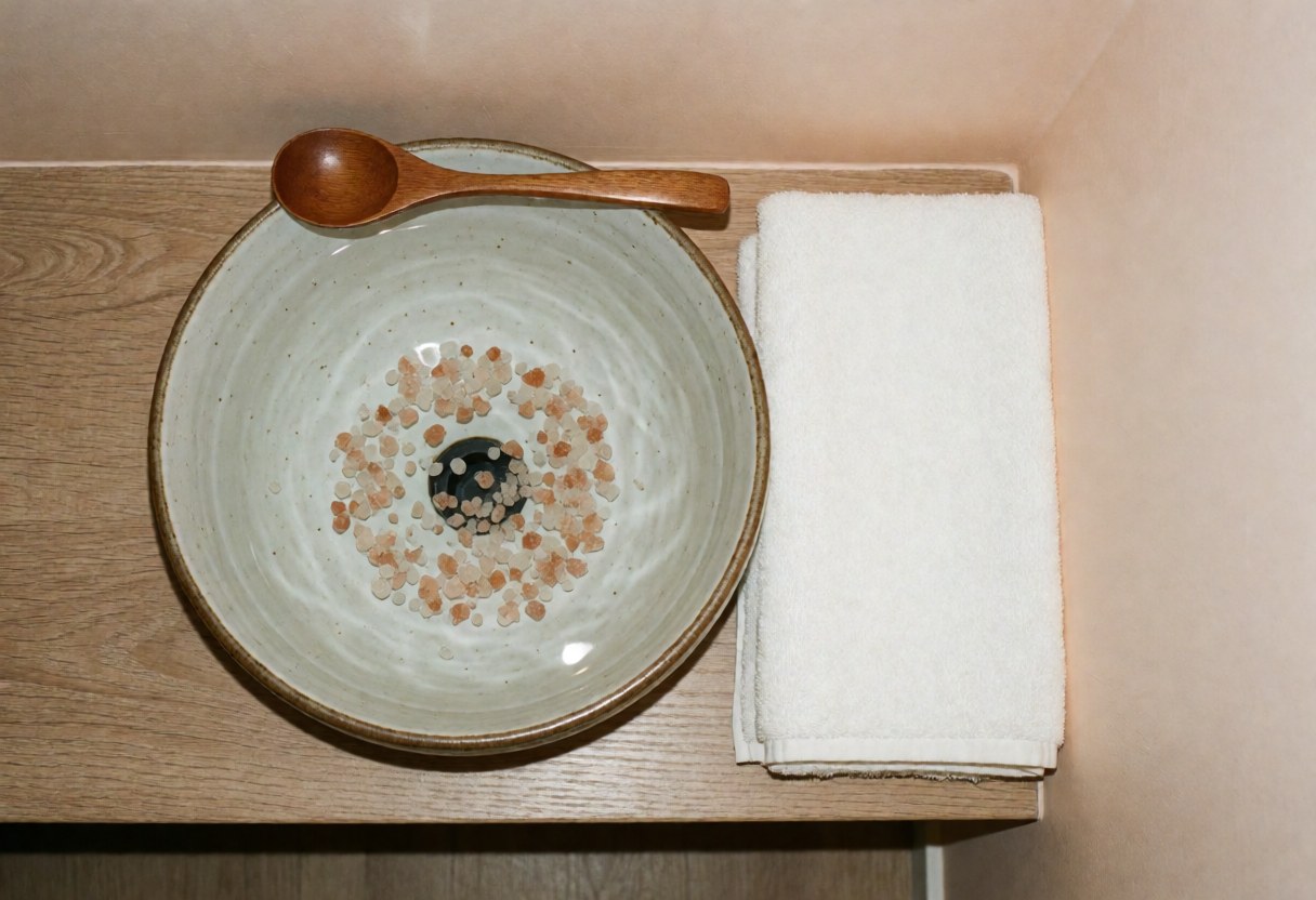 Ceramic bowl filled with pink salt and a wooden spoon placed next to a folded white towel on a clean surface for foot therapy.