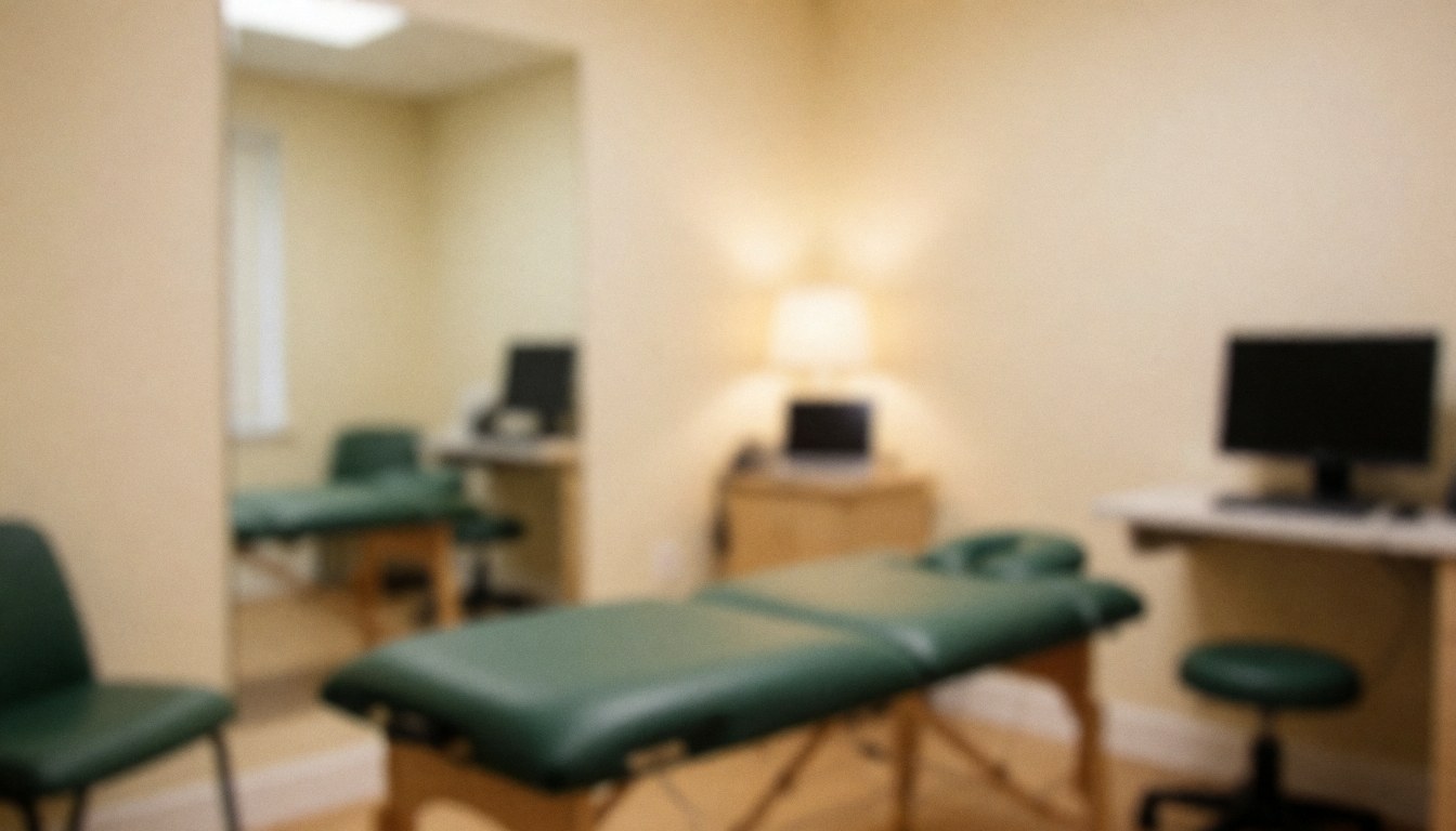 Blurred green treatment beds, mirror, computers, and beige walls in a professional physiotherapy clinic setting.