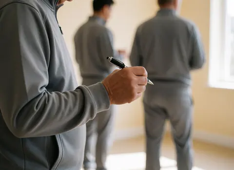 Close-up of a soccer coach's hand holding a pen, wearing a gray uniform, in a training room with beige walls and natural light