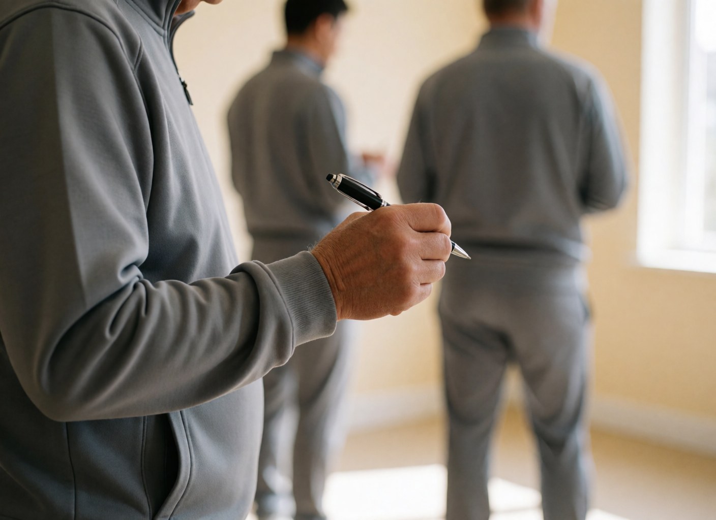 Close-up of a soccer coach's hand holding a pen, wearing a gray uniform, in a training room with beige walls and natural light