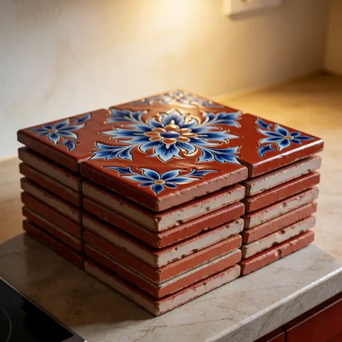 A pile of red clay tiles with blue floral patterns resting on a stone countertop in a kitchen with warm lighting.