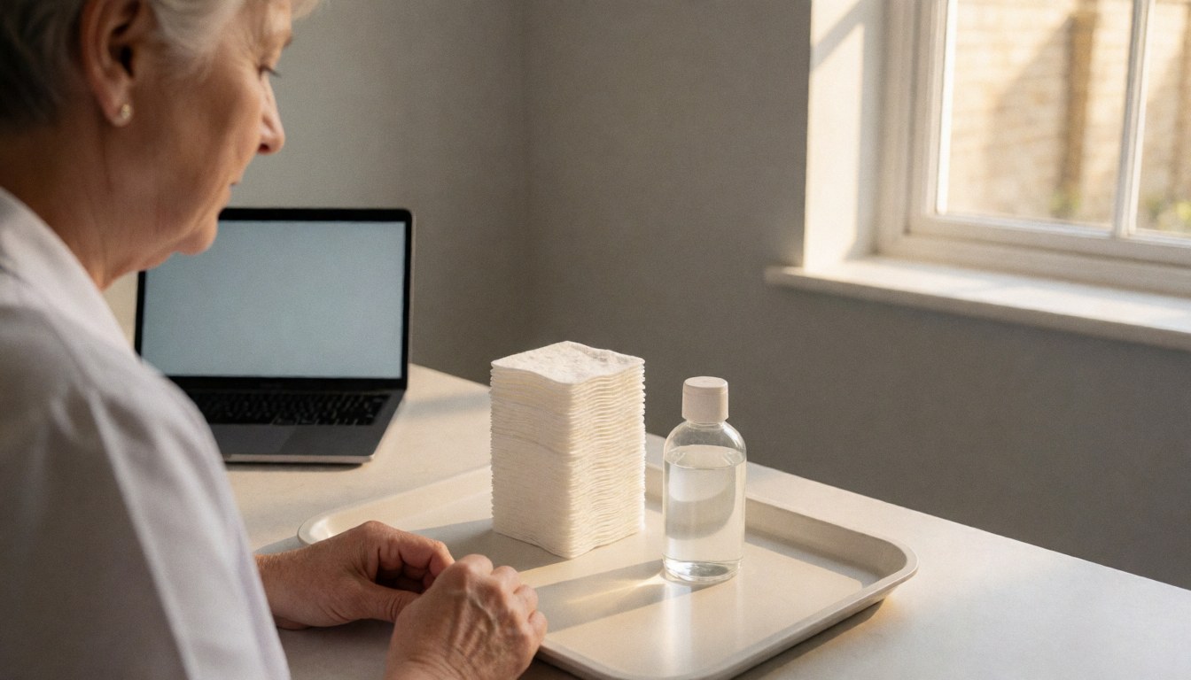 Cotton pads and saline solution arranged on a clean table for microblading preparation with natural window light