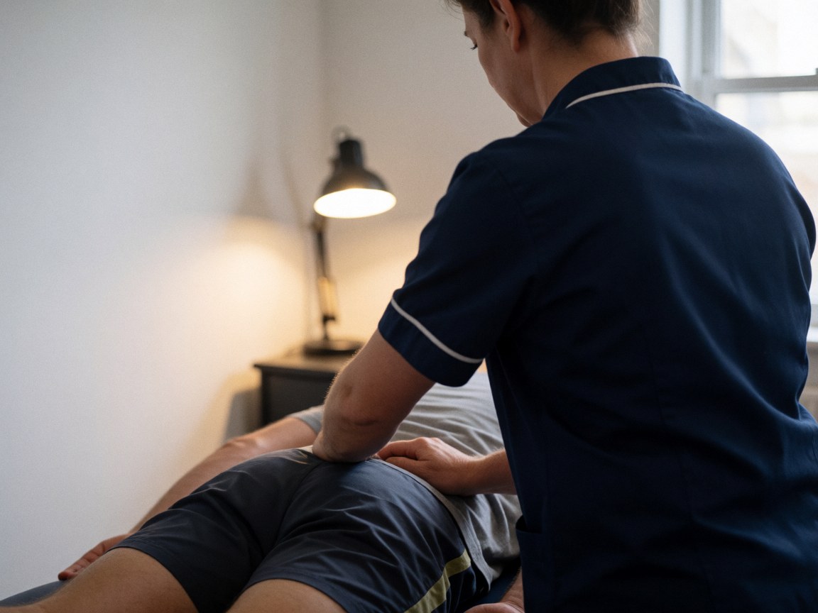 Therapist applying back massage to a client lying down with desk lamp and white wall in massage room