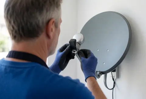 Technician adjusting LNB on wall-mounted satellite antenna during installation service