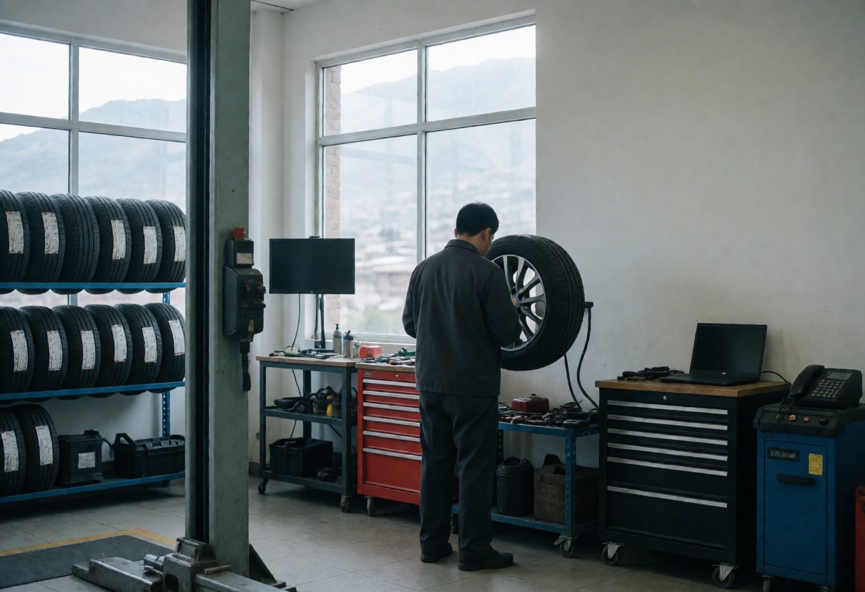 Mechanic checking a tire in a tire shop with mountains in the background, showing tools and tire racks.