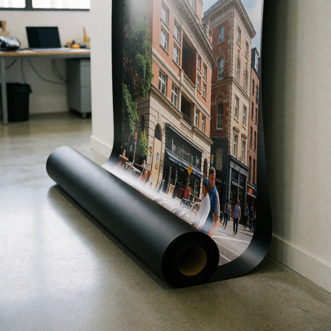 Large black matte advertising vinyl roll inside a print shop with polished concrete floor, ideal for graphic design and outdoor advertising.