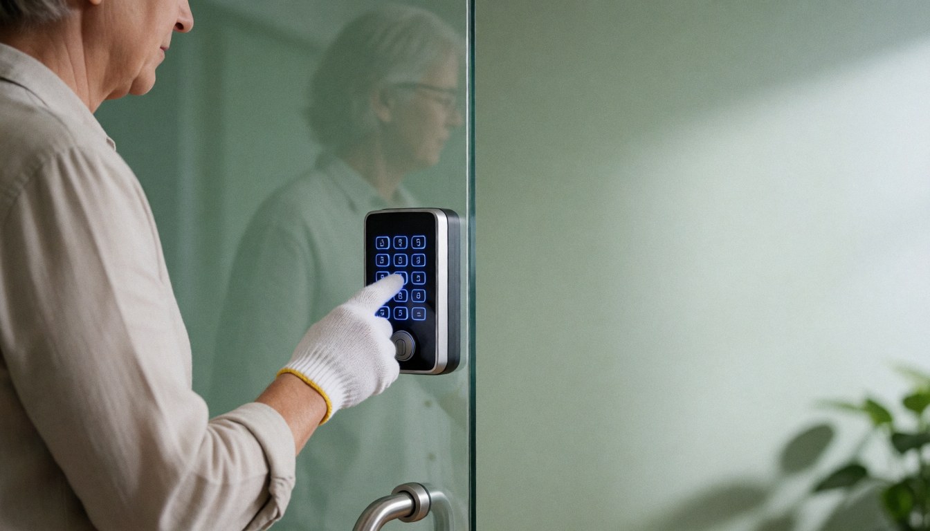 Professional locksmith wearing white gloves pressing a digital keypad on a glass door with blue light and olive green wall