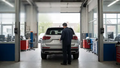Technician checking rear bumper of silver SUV in well-lit auto paint shop with tools and shelves visible