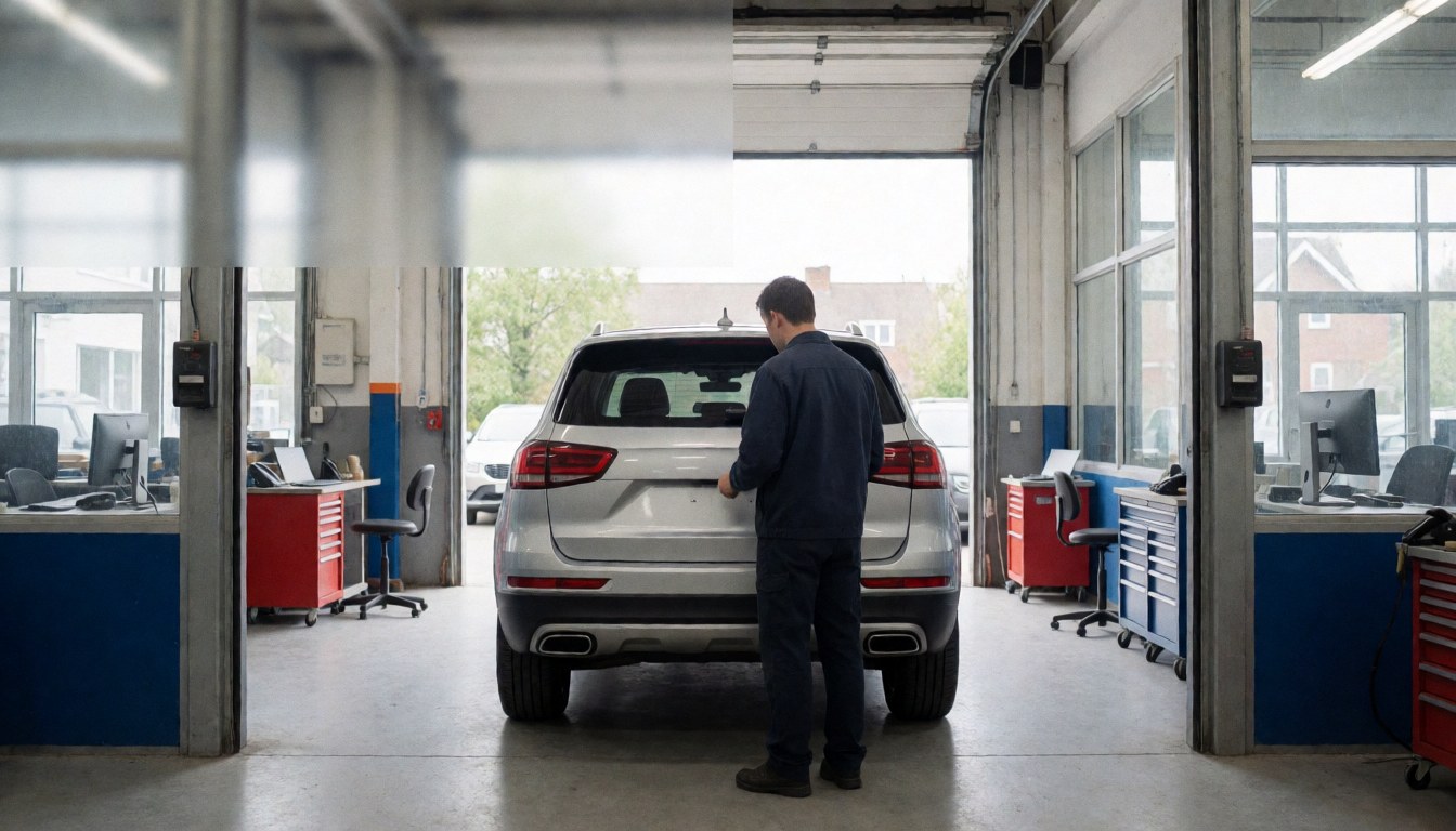 Technician checking rear bumper of silver SUV in well-lit auto paint shop with tools and shelves visible