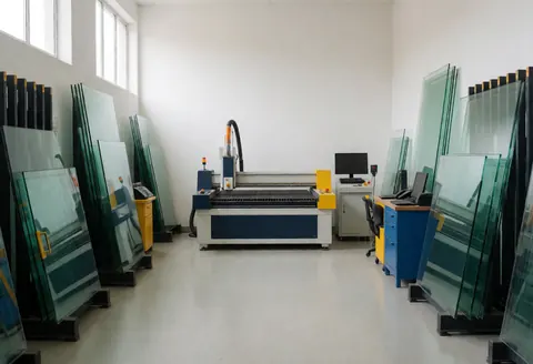 Glass cutting machine in a glazier workshop with vertically stored glass panes on racks, white walls, and a clean floor.