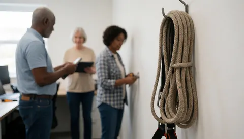 Coiled safety rope mounted on a white wall with blurred figures in the background of a professional workspace.