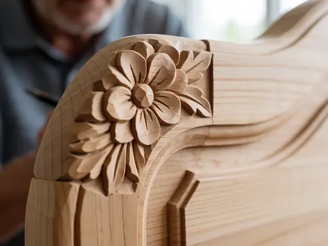 Detailed view of wood carving featuring a carved flower, visible wood grain, and a carving tool in a woodworking workshop.
