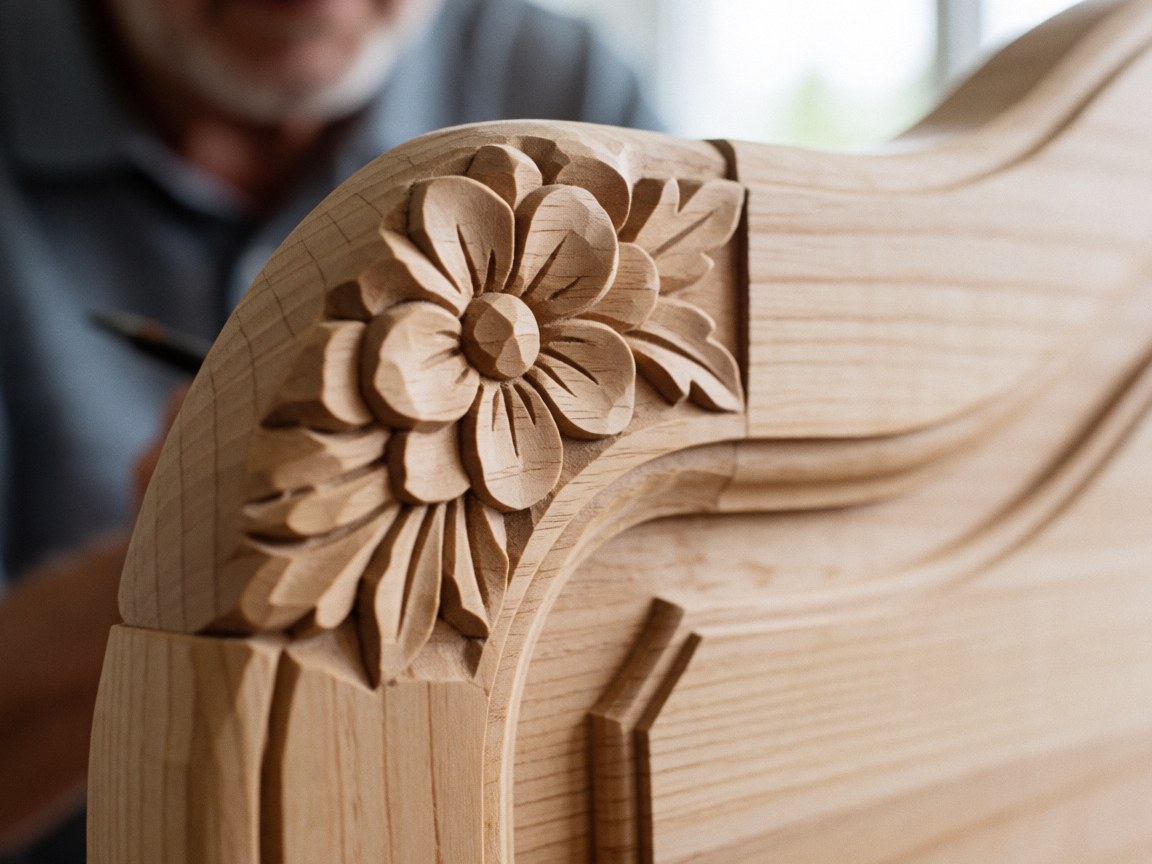 Detailed view of wood carving featuring a carved flower, visible wood grain, and a carving tool in a woodworking workshop.