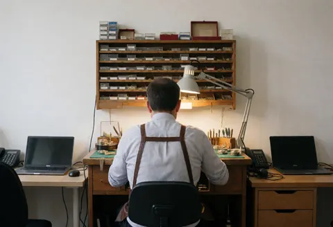 Watchmaker working in workshop with shelf of parts and watchmaking tools under desk light