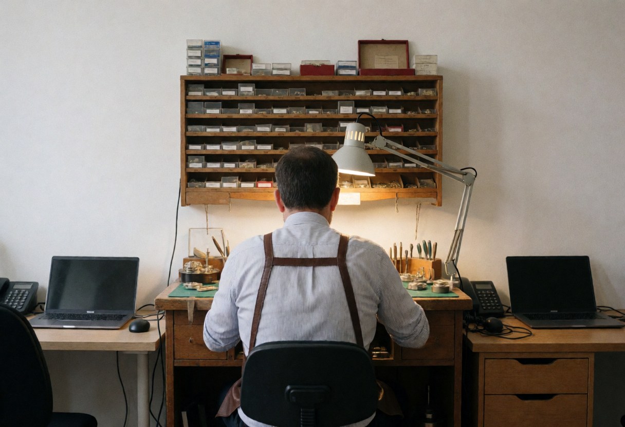 Watchmaker working in workshop with shelf of parts and watchmaking tools under desk light