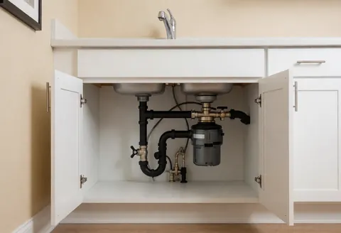 Black pipes and garbage disposal unit installed under a kitchen sink in a white cabinet with beige walls, suitable for plumbing repair services.