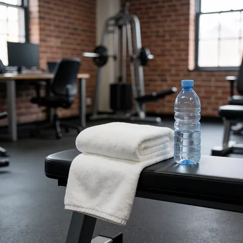 Folded white towel and water bottle on a black gym bench with red brick walls and training equipment in the background