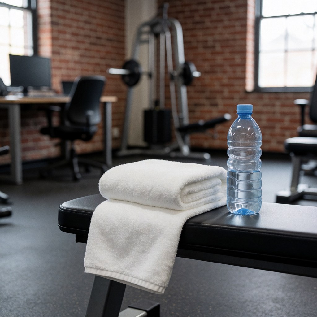 Folded white towel and water bottle on a black gym bench with red brick walls and training equipment in the background