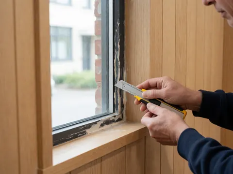 Close-up of a hand using a utility knife to scrape away old sealant from a wooden window frame during a window installation service