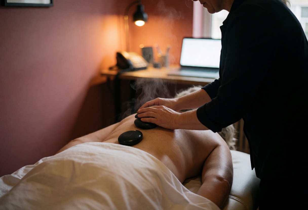 Therapist applying hot stone massage on a client lying on a table with steam rising in a spa room with pink walls and warm lighting
