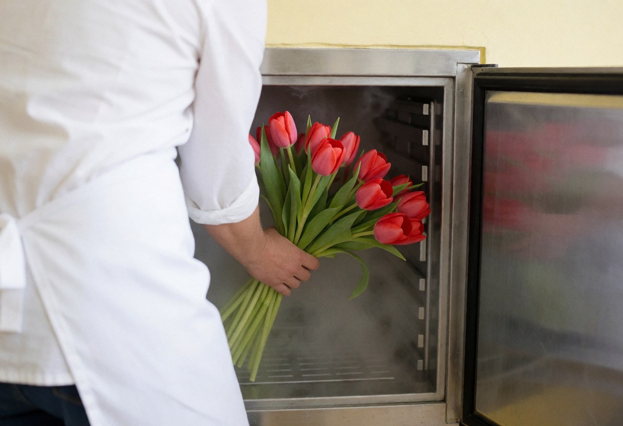 A florist adjusts a bouquet of red tulips inside a stainless steel cooler with visible vapor and a cream-colored wall.