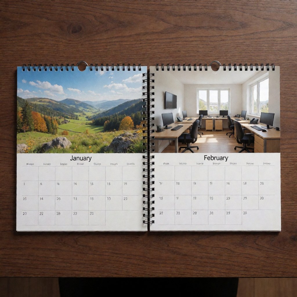 An open calendar displaying a landscape image for January and an office scene for February resting on a wooden table surface