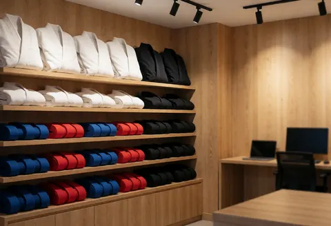 White and black martial arts gis with red, blue, and black belts displayed on wooden shelves in a store with wood walls and a computer desk.