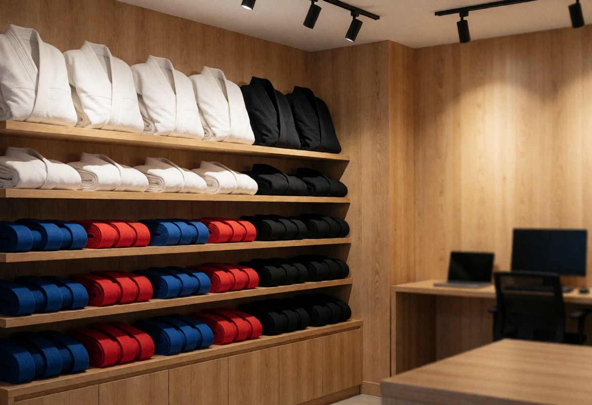 White and black martial arts gis with red, blue, and black belts displayed on wooden shelves in a store with wood walls and a computer desk.