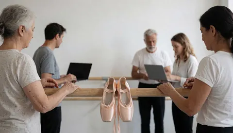 Pink ballet slippers hanging on a studio barre with dancers practicing in the background