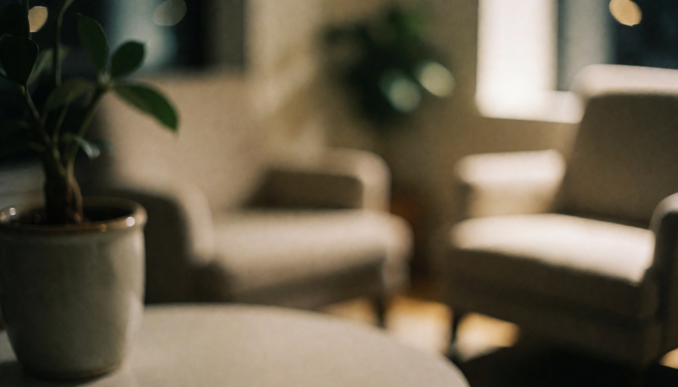 A potted plant sits in front of blurred chairs, creating a warm background suitable for boxing gym text overlays.