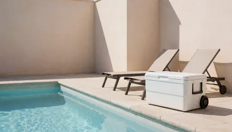 White wheeled cooler positioned next to lounge chairs on a beige poolside deck, suitable for vacation rental website hero imagery