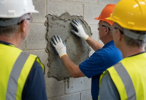 A bricklayer installs reinforcement mesh on a fresh concrete block wall while three workers in safety gear stand nearby.