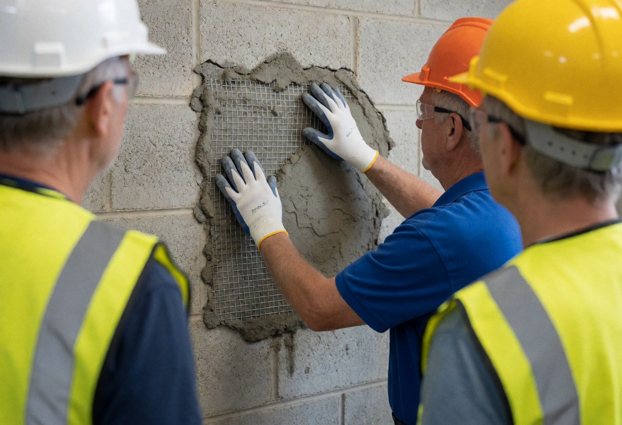 A bricklayer installs reinforcement mesh on a fresh concrete block wall while three workers in safety gear stand nearby.