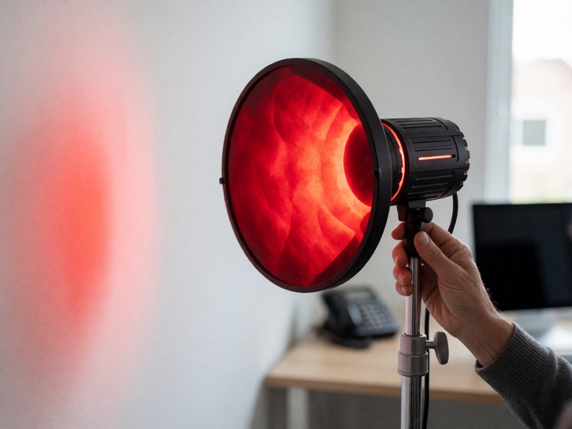 A hand adjusting a red filter on a professional light illuminating a white wall in a photography studio for team portraits.