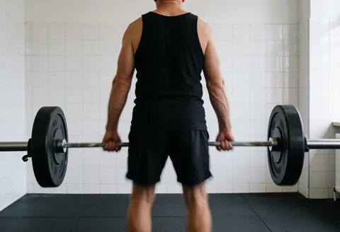 A man executes a barbell deadlift in a gym with white tiled walls, demonstrating strength and proper form.